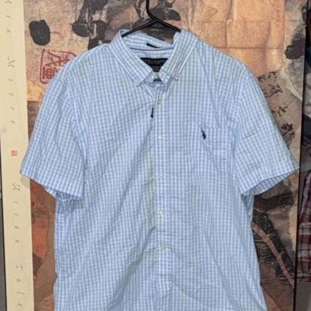 U.S. Polo Assn. Blue White Gingham Check Short Sleeve Button Down Shirt L